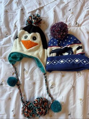 Penguin Earflap Pom Beanie Hat - Teal & Black